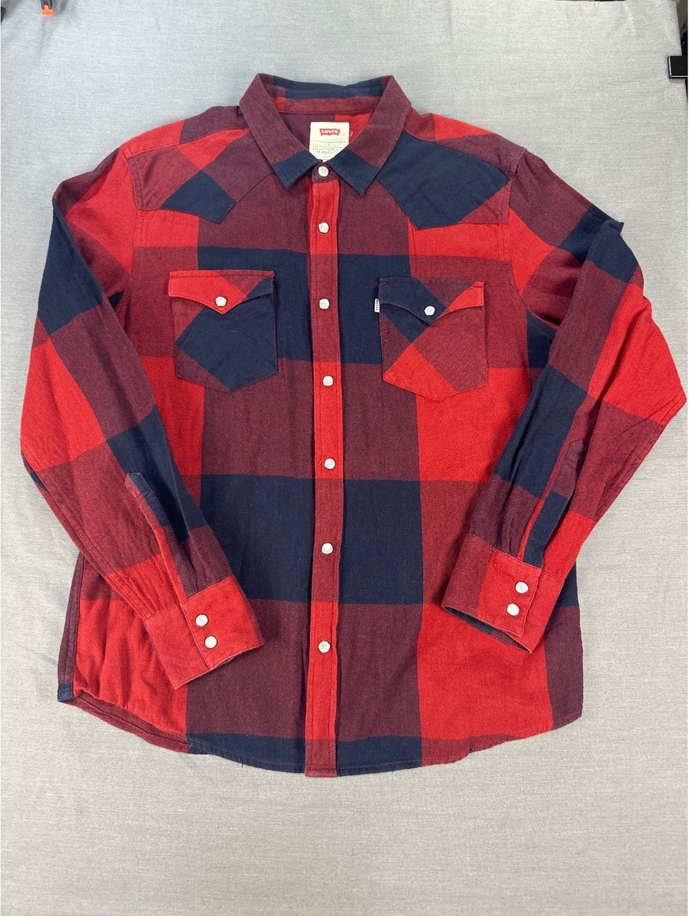 Levis Pearl Snap Shirt Mens Large Red Buffalo Plaid Western Flannel Long Sleeve